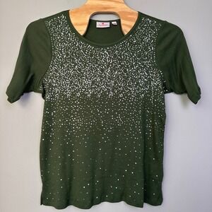 Quacker Factory Knit Top 1X Olive Green Sequin Ribbed Short Sleeve‎ XL Bling